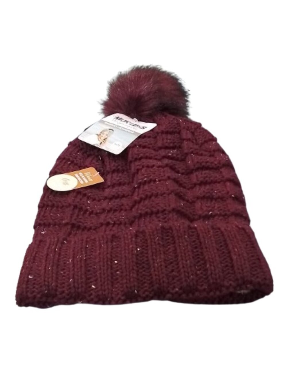 Women's Muk Luks Solid Cable Knit Roll Hat With Pom-Pom - Burgundy - OSFM - NWT